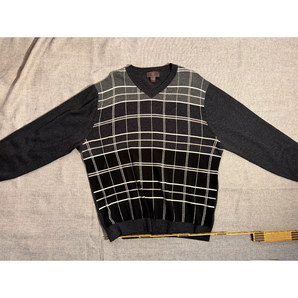 Sweater Gray Plaid Cashmere Wool KO Egara XL V-Neck Slim Window Pane Norm Preppy